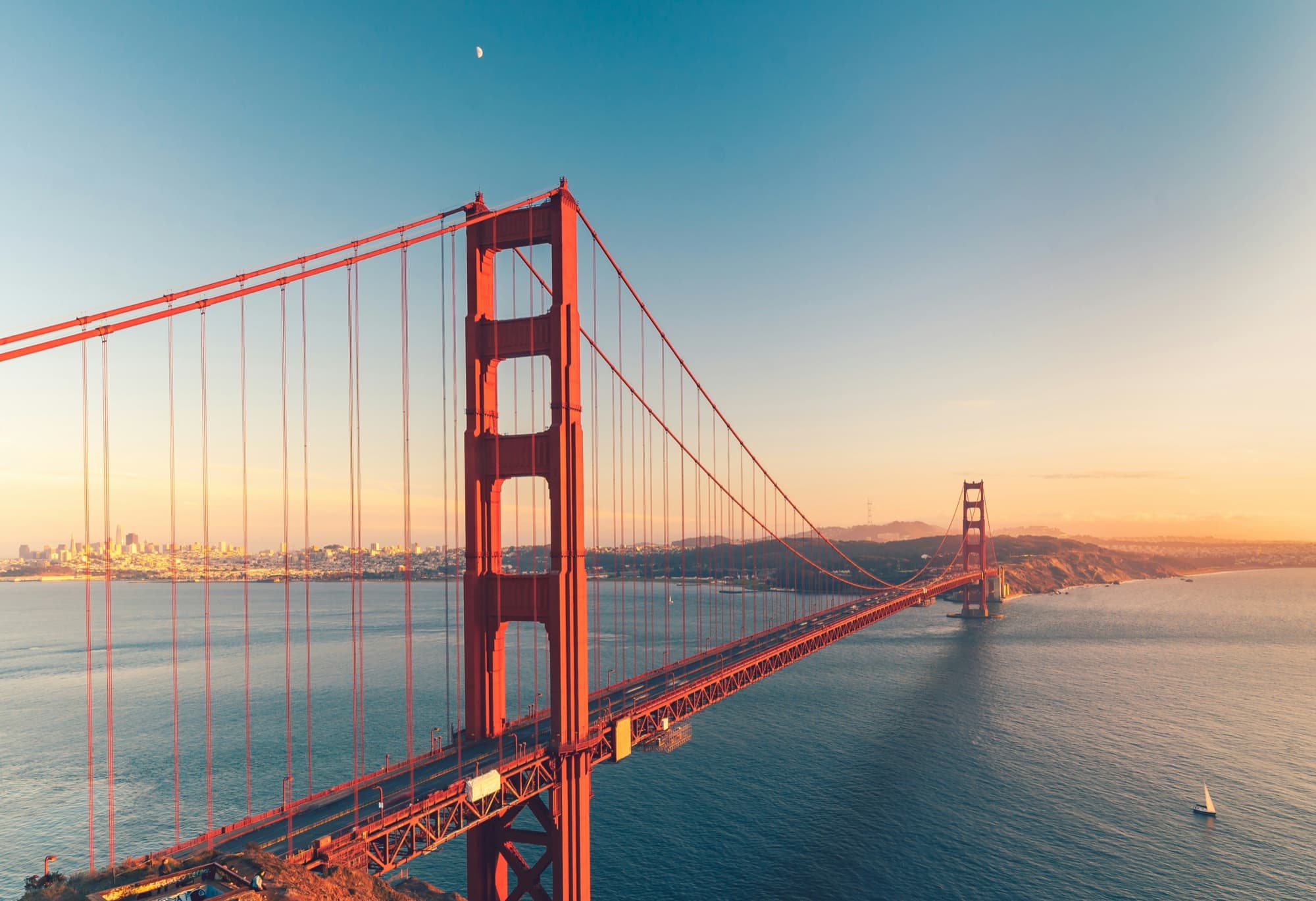 The Golden Gate Bridge at sunset with San Francisco behind it