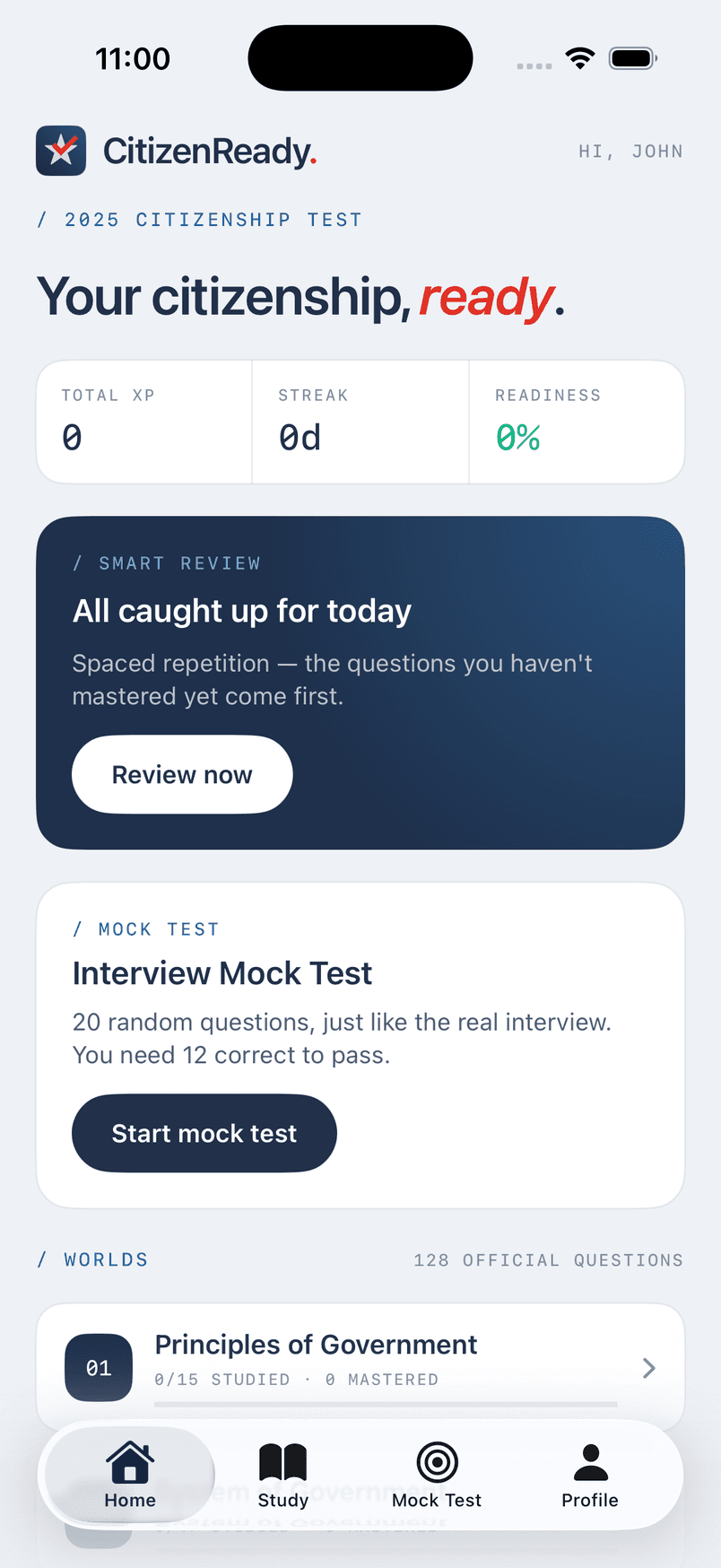 The CitizenReady home screen: XP, streak and readiness, the Smart Review queue, the mock test card and the eight worlds