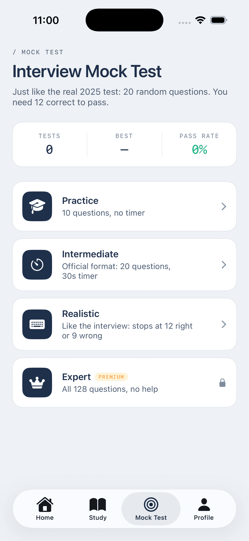 CitizenReady — Mock test screen