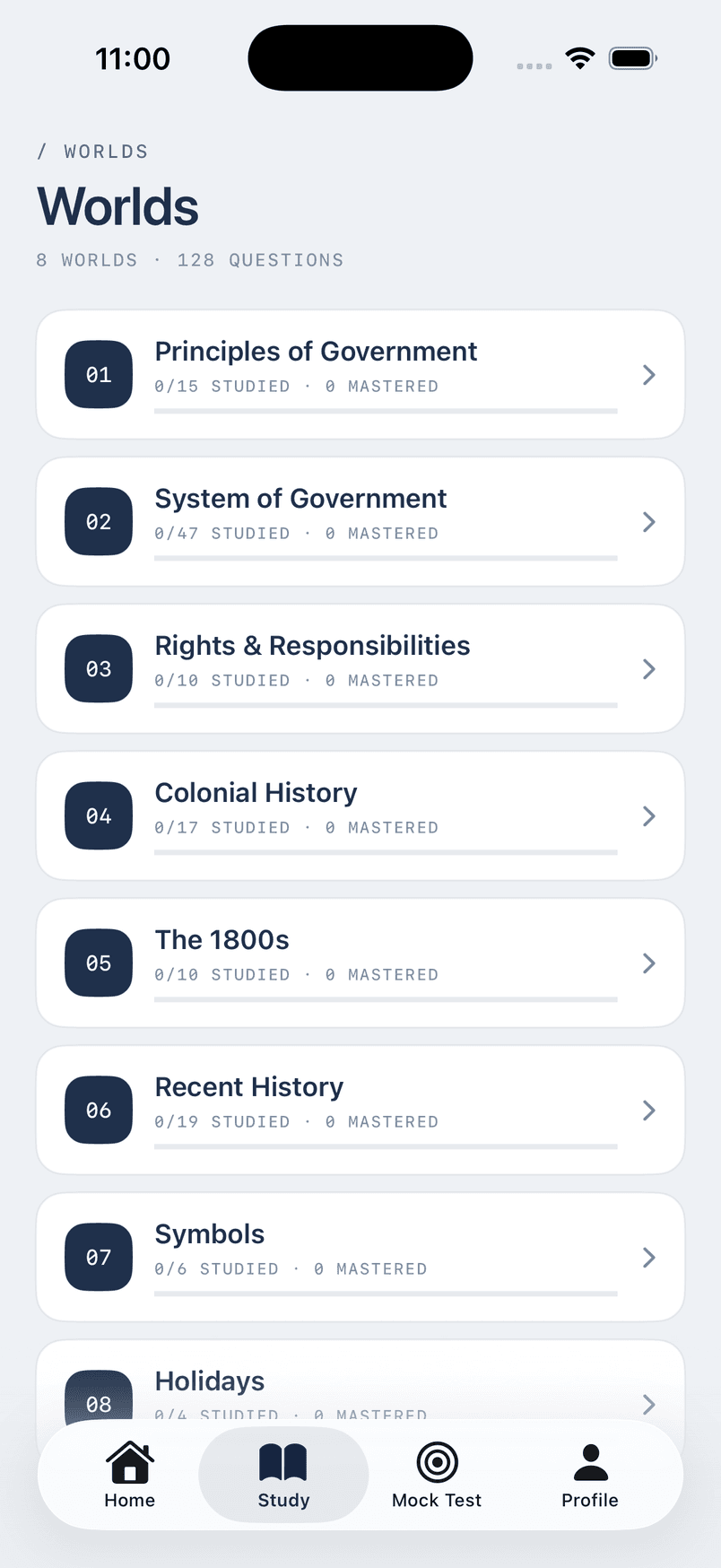 CitizenReady — Study screen